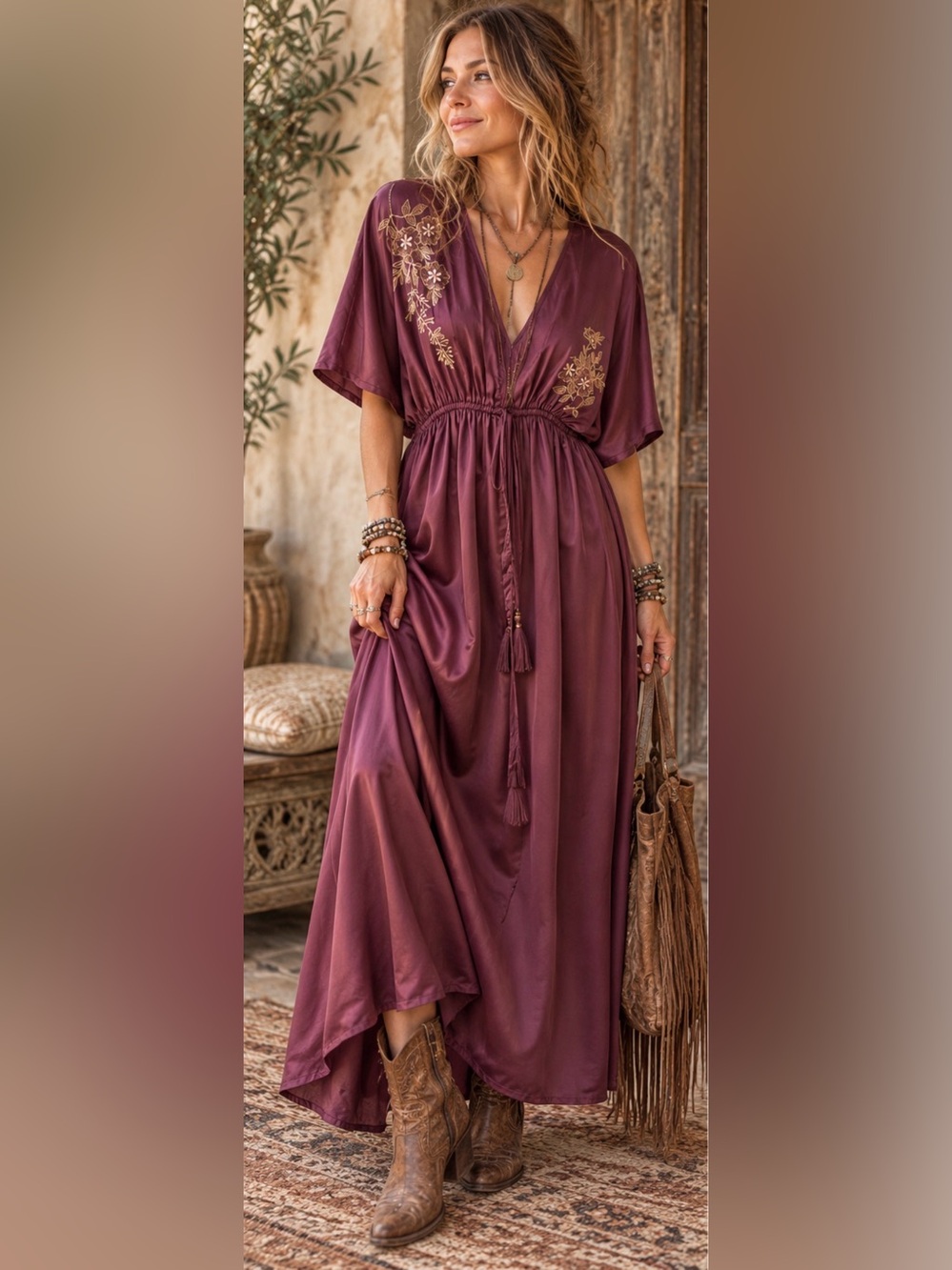 World Market Embroidered Satin Boho Maxi Dress Plum